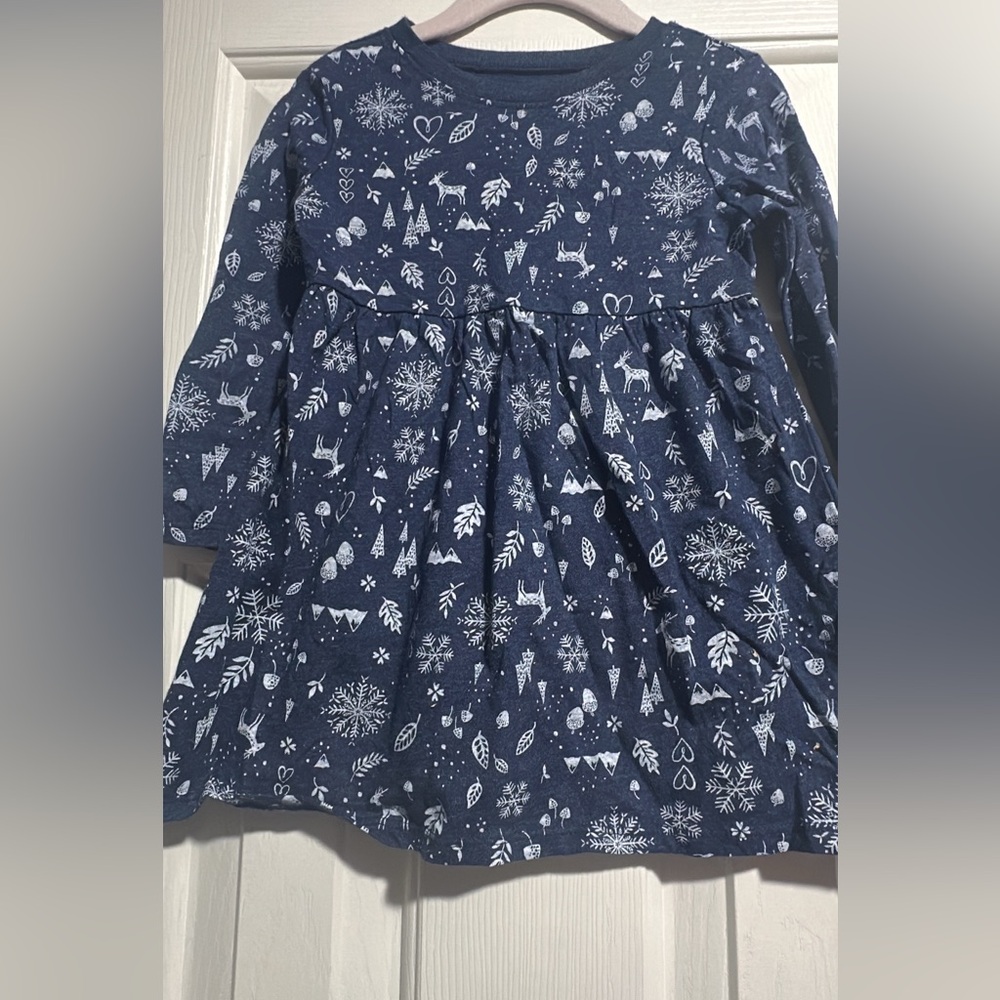 Navy Blue Long Sleeve Dress with White Winter Print